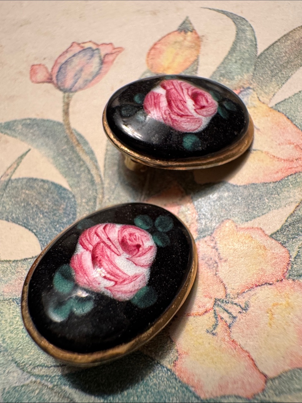Vintage- Hand-Painted Pink Rose Porcelain Earrings on Black oval Background